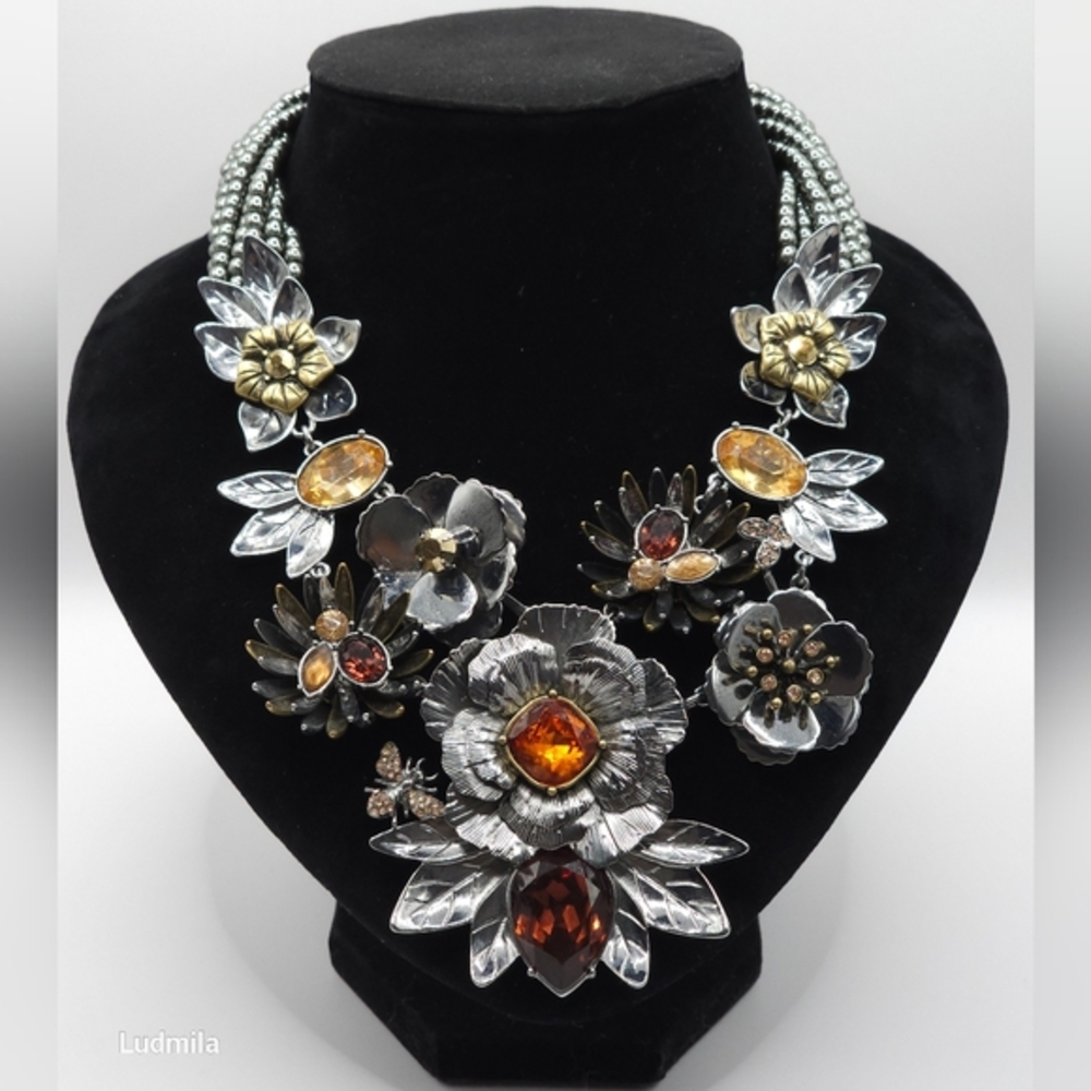 Signed Large Floral Multi-Stranded Statement Neck… - image 1
